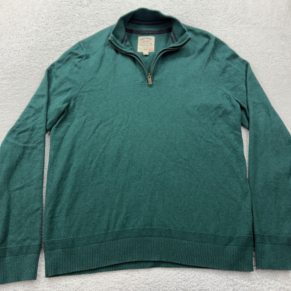 Fat Face Mens Quarter Zip Sweater Green Cotton Wool Blend‎ Mock Neck Large L REG